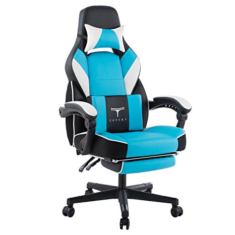 TOPSKY High Back Racing Style PU Leather Executive Computer Gaming Office Chair Ergonomic Reclining Design with Lumbar Cushion Footrest and Headrest (New Black&Blue)