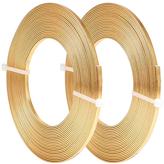 BENECREAT 32 Feet 2 Rolls 3mm Wide Flat Jewelry Craft Wire 18 Gauge Aluminum Wire for Bezel, Sculpting, Armature, Jewelry Making - Gold Color
