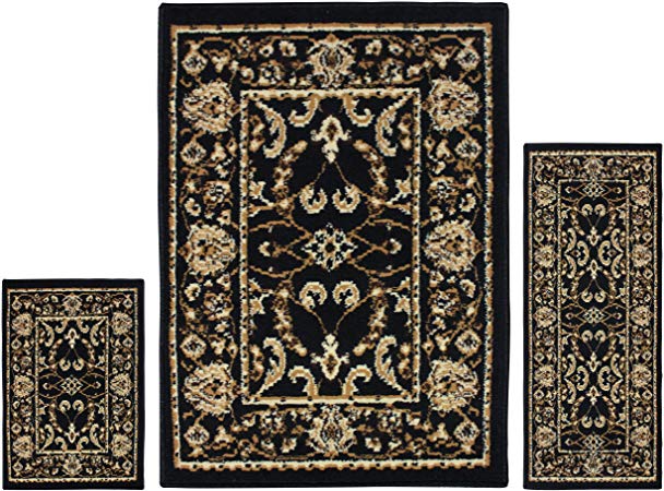 Superior Barringer Collection 3-Piece Rug Set, Attractive Rugs with Jute Backing, Durable and Beautiful Woven Structure, Traditional Bordered Area Rug Set - 2' x 3', 2' x 5', and 5' x 7' Rugs, Black