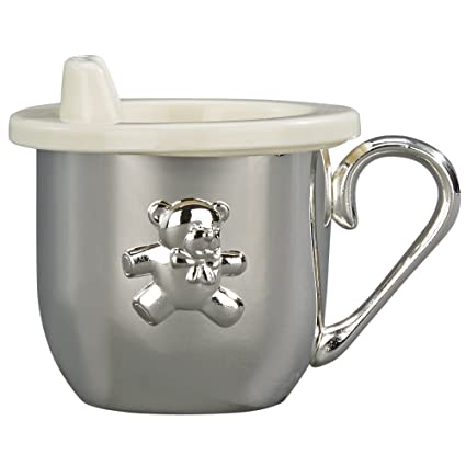 Creative Gifts International Silverplated Baby's First Sippy Cup With Handle And Sippy Lid Insert, 5 oz Capacity, Teddy Bear Emblem, Gift Box Included