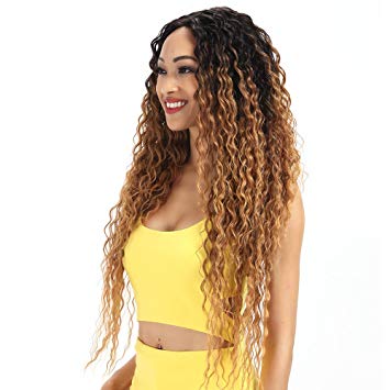 Joedir Lace Front Wigs Ombre Blonde 28'' Long Small Curly Wavy Synthetic Wigs For Black Women 130% Density Wigs(Ombre Gold Color)