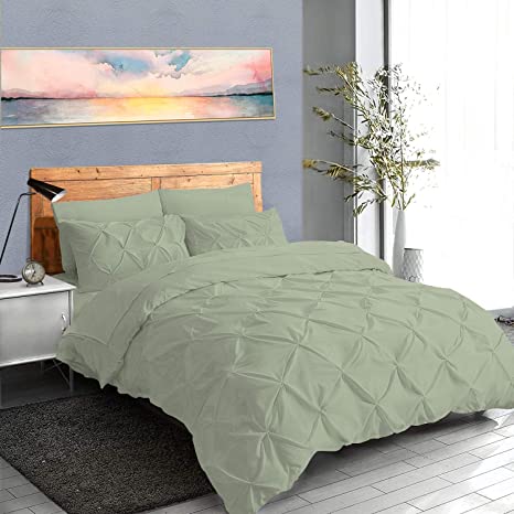 Soft Reliable Luxurious 3Pcs Pinch Pleated Duvet Cover Set Zipper Closer with Corner Ties King/Cal-King (94" x 104") Size, 100% Egyptian Cotton 800TC Stain Resistant & Hypoallergenic, Sage Solid