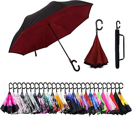 Inverted Umbrella Cars Reverse Umbrella UV Protection Windproof Umbrella for Car Rain Outdoor with C-Shaped Handle(Burgundy)