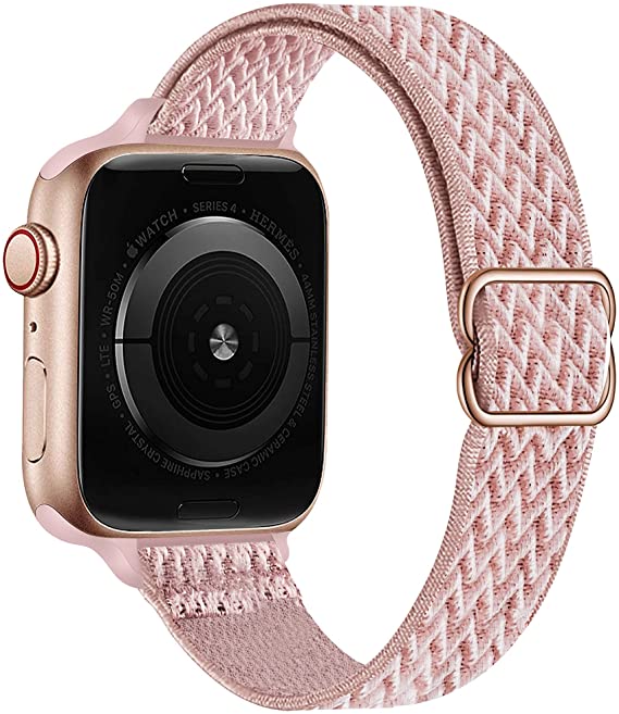 GBPOOT Slim Stretchy Solo Loop Compatible with Apple Watch Bands 38mm 40mm 41mm 42mm 44mm 45mm,Thin Women Elastics Nylon Braided Strap for iWatch Series SE/7/6/5/4/3/2/1,Rose Pink,38/40/41mm