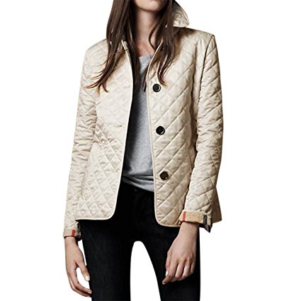 E.JAN1ST Women's Diamond Quilted Jacket Stand Collar Button End With Pocket Coat