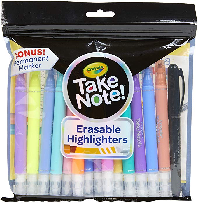 Crayola Take Note 14 Erasable Highlighters & 1 Bonus Permanent Marker, Assorted Colors, Classroom & Office Supplies, Gift