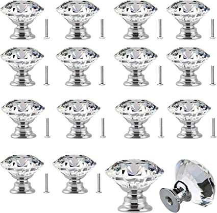 Crystal Cabinet Knobs (16 Pack), 30mm Glass Diamond Door Handles, Each Clear Diamond Cupboard Drawer Pull Handle with 1 Size of Screws, for Furniture Cabinet Drawer Dressing Table Decoration