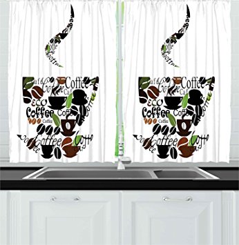 Ambesonne Coffee Decor Collection, Coffee Cup and Steam Pattern Made of Cups Beans Leaves Lettering Modern Art Print, Window Treatments for Kitchen Curtains 2 Panels, 55X39 Inches, Green Black Brown