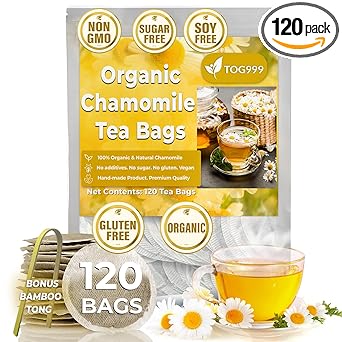 120 Organic Chamomile Flower Tea Bags, 100% Natural & Non-GMO, Pure Chamomile Flower Herbal Tea. No Sugar, No Caffeine, No Gluten, Vegan.