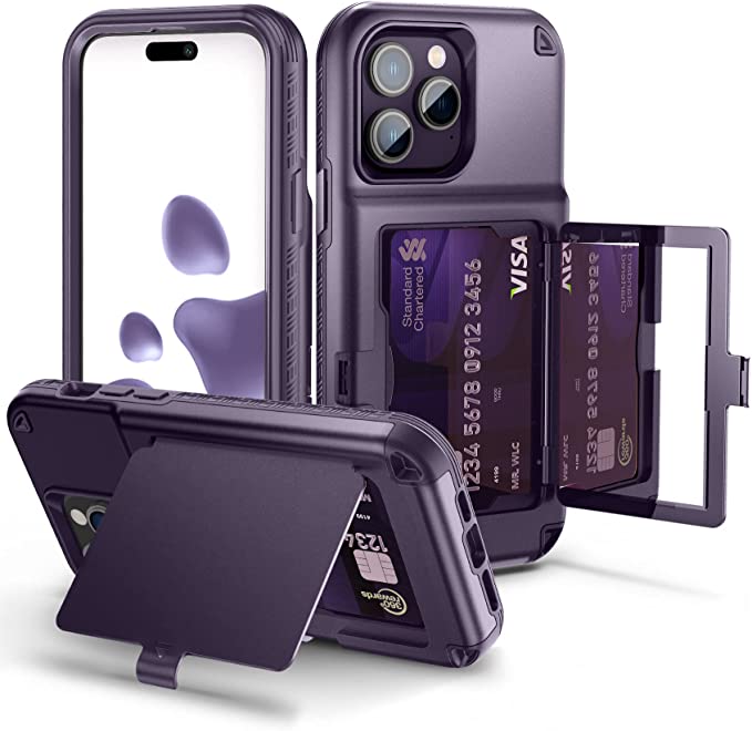 WeLoveCase iPhone 14 Pro Max Case for Women, Men Defender Credit Card Holder Cover with Hidden Mirror, Three Layer Shockproof Heavy Duty Protection Case for iPhone 14 Pro Max 6.7'' Deep Purple