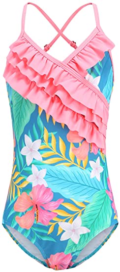 Girls One Piece Swimsuits Hawaiian Ruffle Bathing Suit Kids Floral Swimwear 3-16 Years
