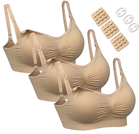 HOFISH 3PACK Full Bust Seamless Nursing Maternity Bras Bralette S-XL with Extra Bra Extenders & Clips