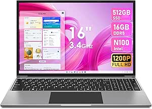 jumper Laptop, Alder Lake N100 CPU(Up to 3.4GHz), 16GB DDR5 512GB SSD, FHD IPS Display（1920x1200）, Notebook Computer with 38WH Battery, Cooling System, Numeric Keypad, 2.4 5G WiFi, BT4.0, Gray.