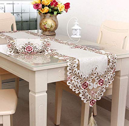 LeLehome Classic Flowers Embroidered Lace Short Satin Floral Washable Fabric Table Runner Table Top Decoration Tapestry - -Dark Rose (16 inch x 72 inch)