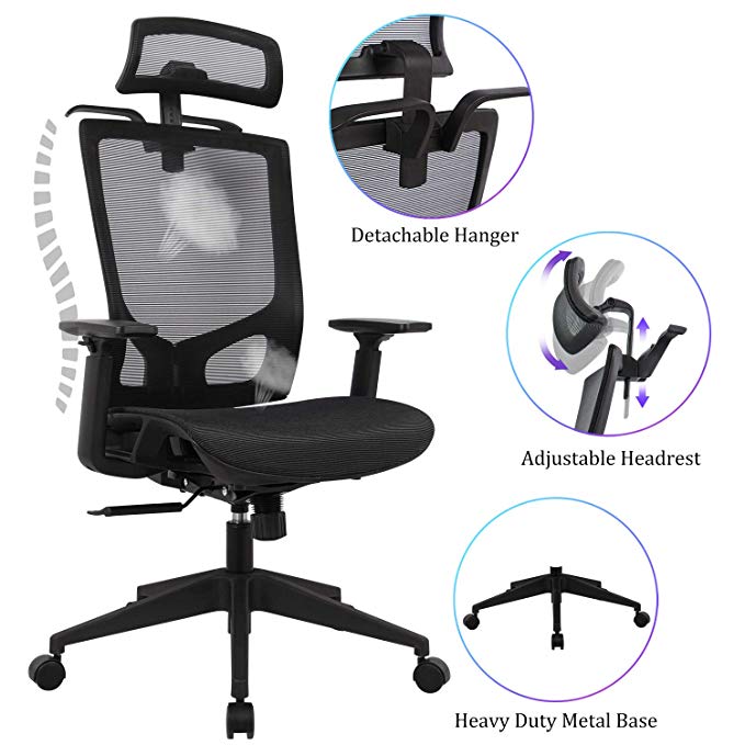 Statesville High Back Ergonomic Mesh Office Chair - Adjustable Backrest, Seat Slider, Coat Hanger and Headrest Computer Chair Desk Chair, Black