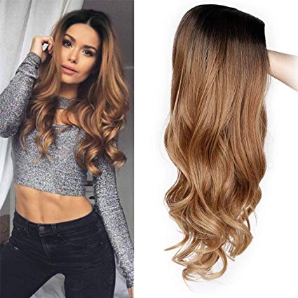 ForQueens Ombre Wig for Women Long Brown Curly Synthetic Party Wigs Middle Part Wavy wigs Heat Resistant Fiber