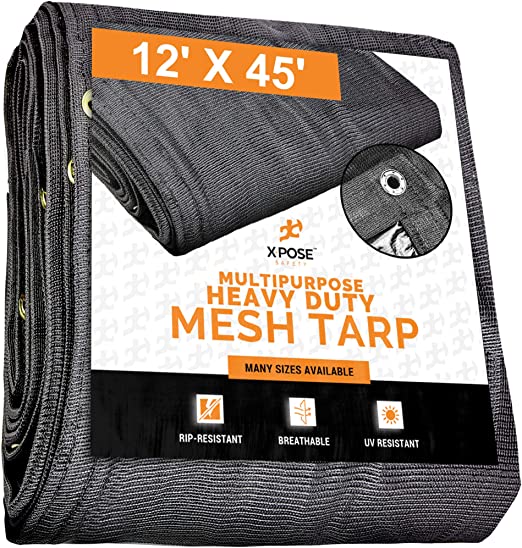Xpose Safety Heavy Duty Mesh Tarp – 12’ x 45’ Multipurpose Black Protective Cover with Air Flow - Use for Tie Downs, Shade, Fences, Canopies, Dump Trucks – Tear Resistant