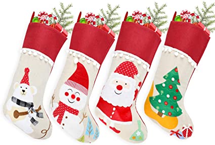 GoldFlower 4 Pack Christmas Decorations, 18" Burlap Plush Large Christmas Stockings Holders Ornament Patterned with Xmas Tree, Penguin, Reindeer, Bear, Snowman, Santa, Plaid, for Family Holiday Party