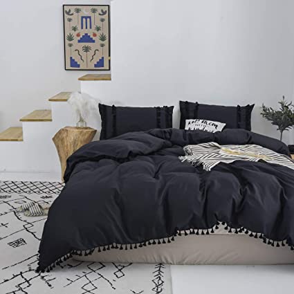 Softta Boho Bedding Tassel Duvet Cover Fringed Twin 3 Pcs 100% Pure Cotton Vintage and Elegant Ruffle Duvet Covers Black