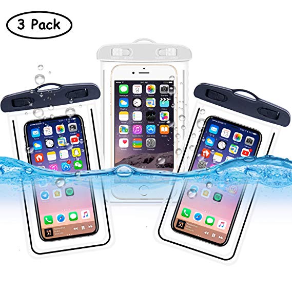 Cambond Waterproof Phone Pouch, 3 Pack Floating Waterproof Phone Case, Transparent PVC Water Proof Cell Phone Pouch Dry Bag with Lanyard for iPhone XS Max XR X 8 7 6 Plus Galaxy S9/8, Black Blue White