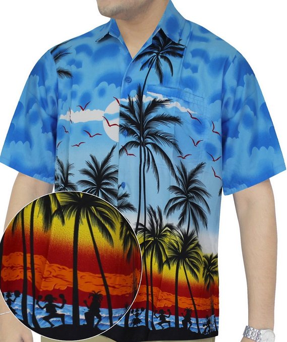 La Leela Cloudy Beach Button Up Hawaiian Miami Cruise Casual Shirt Men Blue