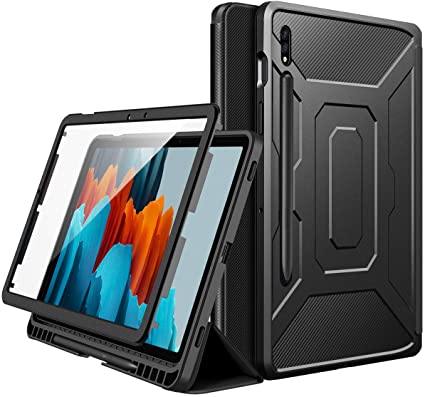 MoKo Case Fit Samsung Galaxy Tab S7 11-inch 2020 SM-T870/SM-T875, [Built-in Screen Protector] Full-Body Shockproof Case Shell Trifold Stand Cover with Auto Sleep/Wake & Pen Holder, Black