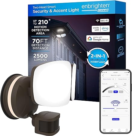 Enbrighten LED Wi-Fi Smart Security Light, App Control, Motion Activated, Dual Head, Bronze, ETL Listed, UV Resistant, 2500 Lumens, 4000K, Flood Light for Patio, Yard, Garage, Driveway, 58243