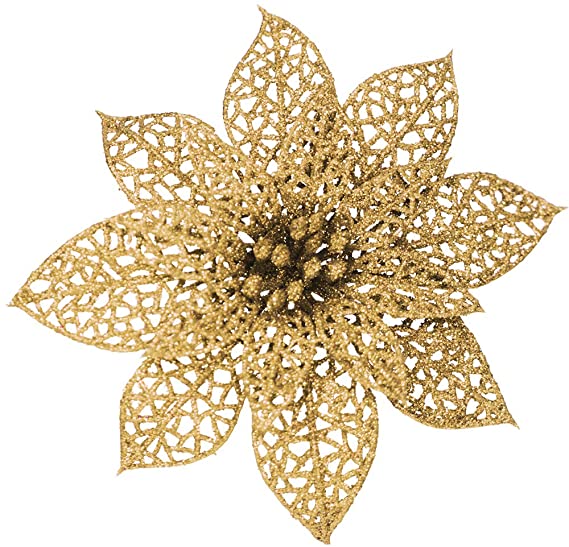 Supla 24 Pack Christmas Gold Glitter Poinsettia Flowers Picks Christmas Tree Ornaments 5.9" Wide for Gold Christmas Tree Wreaths Garland Holiday Seasonal Wedding Decorations White Gift Box Included