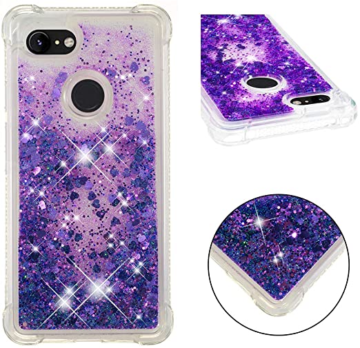 DAMONDY for Pixel 3 Case,Google Pixel 3 Case,3D Cute Bling Liquid Glitter Shock Absorption Bumper Floating Quicksand Diamond Flowing Ultra Clear Soft TPU Case for Google Pixel 3-Purple