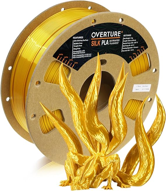 OVERTURE Silk PLA Filament PLA Silk 1.75mm Clog-Free Shiny 3D Printer Consumables, 1kg Spool (2.2lbs),Dimensional Accuracy  /- 0.05mm(Silk Gold)