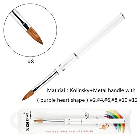 KEMEISI 1PC Elegant Purple Heart Metal handle 3D Acrylic Nail Brush White Handle Size 2,4,6,8,10,12 (#8)