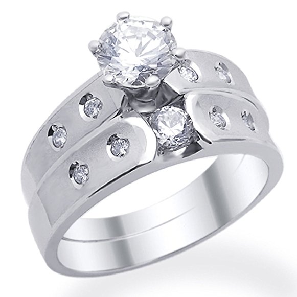 Little Treasures 14 ct White Gold Engagement Ring 1ctw CZ Cubic Ziroconia Round Solitaire W/ Four Accents Ring Set