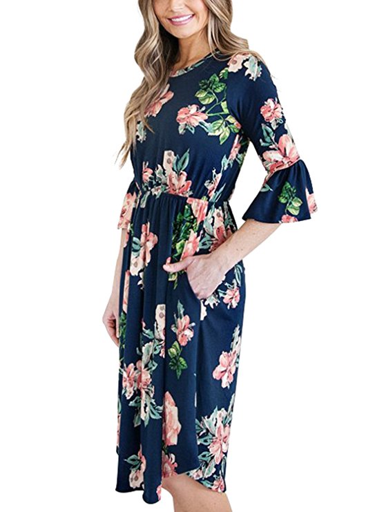 Annflat Women's Summer Floral Print Bell Sleeve Casual Midi Dress S-XXL