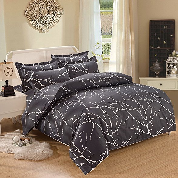 3pcs Duvet Cover Set, Tree Branches Pattern Printed on Charcoal Dark Gray Grey, Soft Microfiber Bedding (Queen Size)