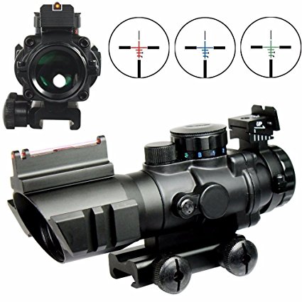 X-Aegis 4x32 Fixed Power Green/blue/red Illuminated Reticle Compact Rifle Scope with Fiber Optic Tactical Sight and Weaver Slots