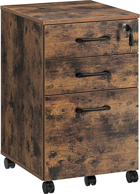 Rolanstar File Cabinet with 3 Drawers, Rolling File Cabinet with Lock, Vertical Office Filing Cabinet with Wheels for A4, Letter Sized Documents, Hanging File Folders,Home Office Rustic Brown