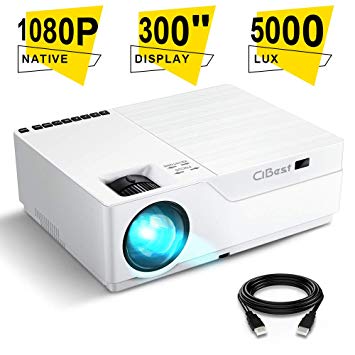 Projector, CiBest Native 1080p LED Video Projector 5000 Lux, 300 Inch Image Display Ideal for PPT Business Presentations Home Theater, Compatible with HDMI,VGA,USB,Fire TV Stick,Laptop,PS4,Xbox