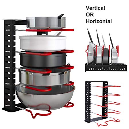 Lifewit Adjustable Pan and Pot Lid Organizer Rack Holder Kitchen Cabinet Pantry, 5-Tier Compartments Cupboard Bakeware Lid Plate Holder, Black and Red