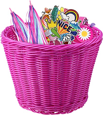 Boao Kid's Bicycle Basket Streamers Set, Unicorn Children's Bike Handlebar Wicker Basket Bike Streamers Bell and Stickers,Bike Basket Front Decoration for Girls