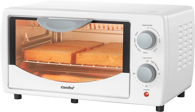 COMFEE' Toaster Oven Countertop, Small Toaster Ovens Combo 4 slice, Mini Oven for 9" Pizza, Compact Oven 2 Racks for Toast, Bake, Broil, 950W, White, CTO-E101A(WH)