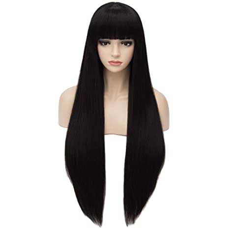 Aosler Black Long Wig,32 Inches Straight Synthetic Hair Wigs with Flat Bangs - Heat Friendly Women Cosplay Party Costume Wigs for Halloween