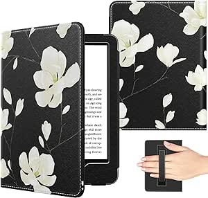 MoKo Case Fits All-New 6" Kindle (11th Generation, 2022 Release)/Kindle (10th Generation, 2019)/Kindle (8th Gen,2016), Ultra Lightweight PU Shell Cover with Auto Wake/Sleep, Black & White Magnolia