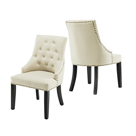 LSSBOUGHT Set of 2 Fabric Dining Chairs Leisure Padded Chairs with Solid Wood Legs,Nailed Trim,Beige