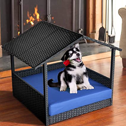 Leaptime Pet Playpens Black PE Wicker with Cushion Outdoor Indoor Use for Small Animals