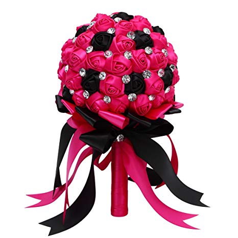 FAYBOX Crystal Satin Rose Bridal Bridesmaid Bouquets Wedding Flower Decor Fushia Black