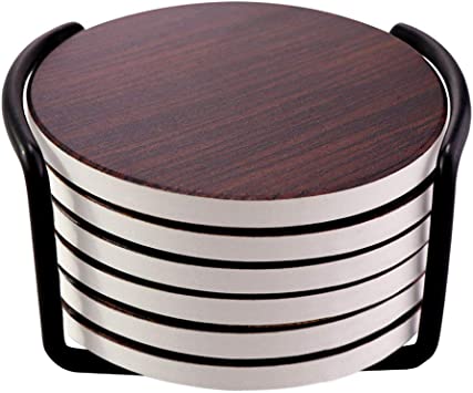 Lumuasky Drink Coasters with Holder, Wood Style Absorbent Coaster Sets, Avoid Furniture Being Scratched and Soiled, Suitable for Kinds of Cups, 4 Inches, Set of 6 (Cherry Wood Grain)