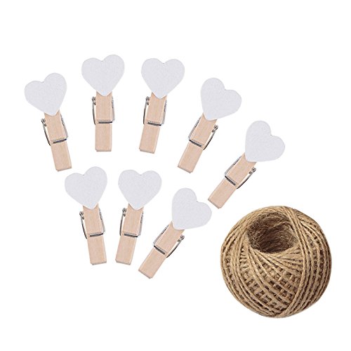 KINGLAKE 100 Pcs White Mini Wooden Heart Clothespins 3.5 cm with Spring Wooden Photo Paper Pegs Craft Clips For Wedding Party Decor with 100 Feet Jute Twine