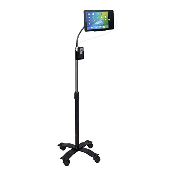 Compact, Height-Adjustable Tablet Floor Stand with Lock and Key Security, Flexible Gooseneck, Telescoping Pole and Optional Wheels, Compatible with iPad (Gen. 5-6), iPad Pro 9.7, and iPad Air