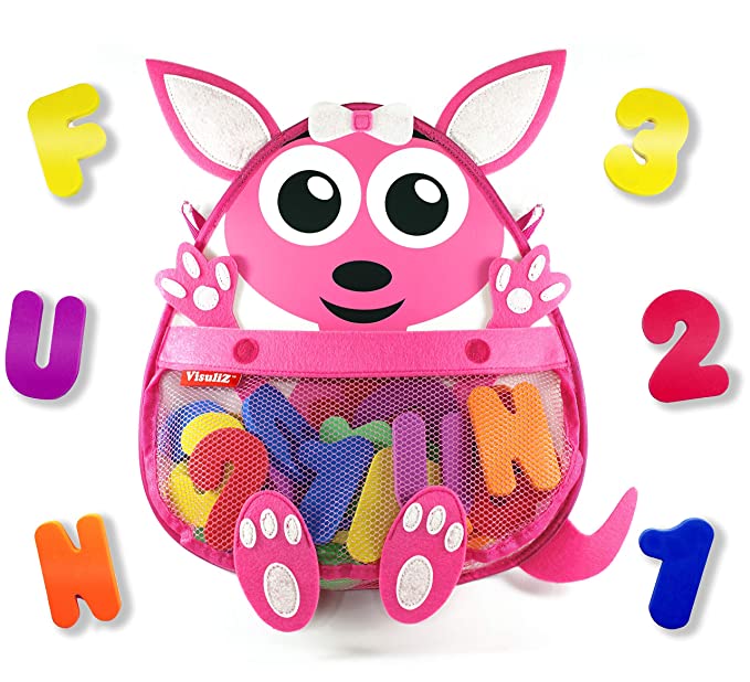 Bath Toy Organizer with Toys – Premium Mesh Kangaroo Bath Toy Storage Net - 36 Foam Bath Letters and Numbers - 2 Reusable Adhesives - Cute, Fun, Educational - Available in Blue & Pink