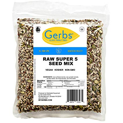 Raw Super 5 Seed Mix, 1 LB By Gerbs - Top 14 Food Allergy Free & NON GMO - Vegan & Keto Safe (Pumpkin, Sunflower, Chia, Flax, Hemp Seeds)